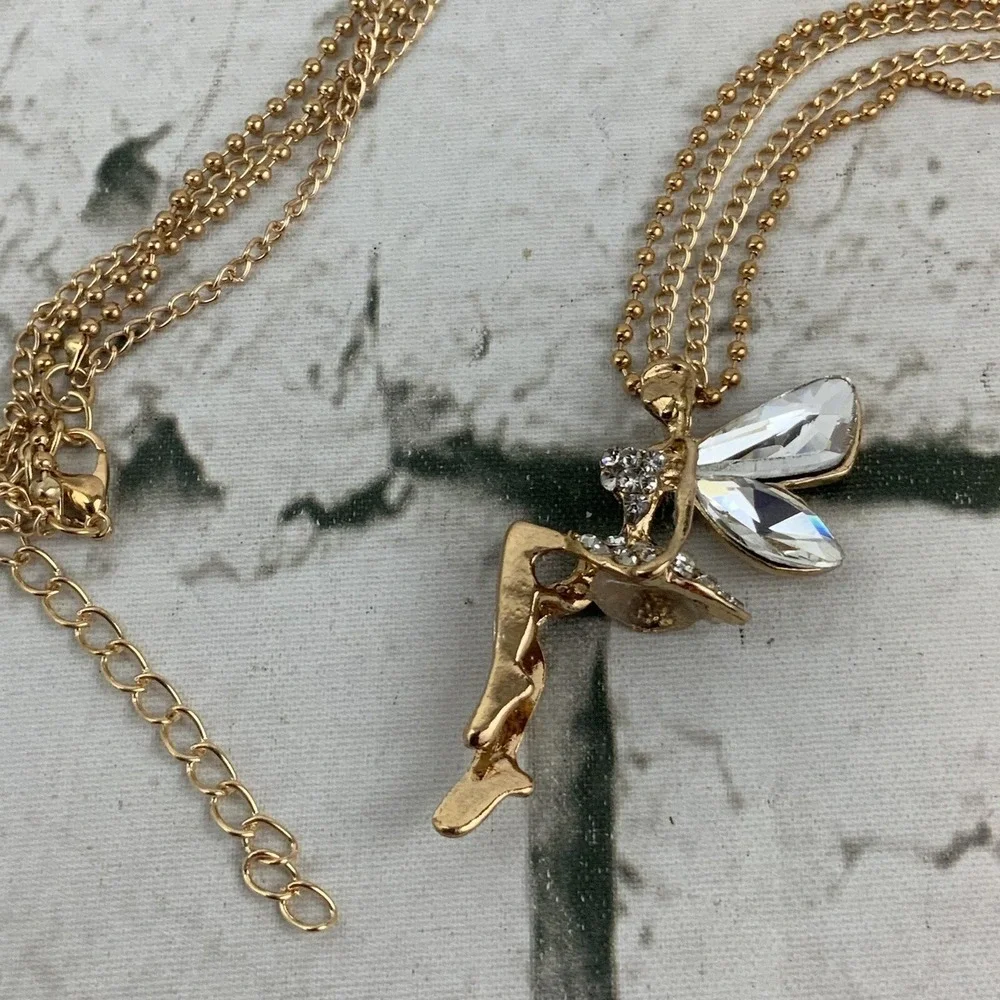 Fairy Pendant Necklace Extra Long Gold‎ Toned Chain Rhinestones Womens Fashion